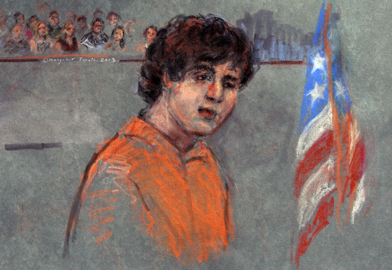 This courtroom sketch depicts Boston Marathon bombing suspect Dzhokhar Tsarnaev during arraignment in federal court Wednesday, July 10, 2013 in Boston. The 19-year-old has been charged with using a weapon of mass destruction, and could face the death penalty. (AP Photo/Margaret Small)
