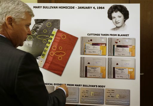 In this July 11, 2013, photo, Suffolk County District Attorney Daniel Conley, left, discusses an evidence chart that shows a likeness of homicide victim Mary Sullivan, top right, following a news conference at Boston Police headquarters.