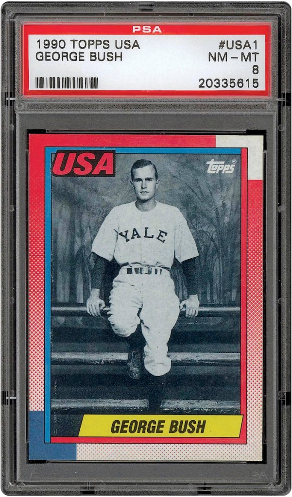 The photo released by Professional Sports Authenticator shows a baseball card produced by Topps trading card company in 1990 that depicts former President George H.W. Bush as a Yale first baseman. The card, with a surface similar to other Topps card issues that year, was not among those given directly to President Bush at the White House on Feb. 5, 1990 by Topps CEO Arthur Shorin. Those issued to Bush had a reflective coating on the surface. Baseball cards depicting the former president have fetched thousands of dollars each since they were specially-made for the White House in 1990. But Joe Orlando, president of Professional Sports Authenticator in Santa Ana, Calif., said Tuesday, July 9, 2013, that many of the Bush cards in circulation were not part of the set presented to the president.