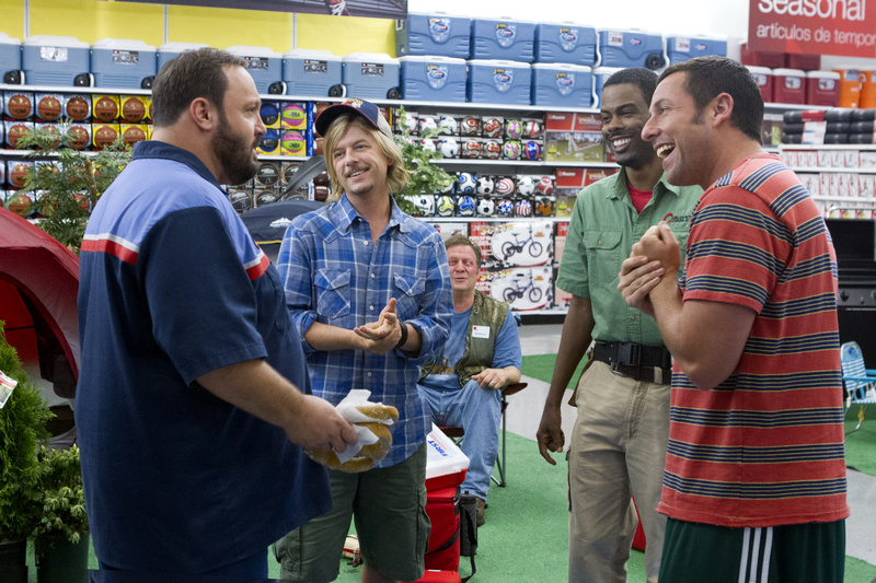 From left, Kevin James, David Spade, Jonathan Loughran, seated, Chris Rock and Adam Sandler in a scene from "Grown Ups 2."