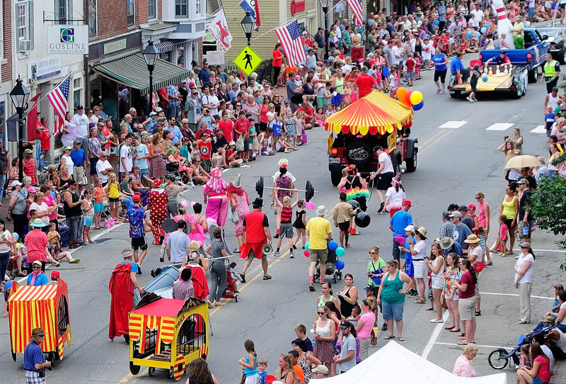 Circus entertainers and a float with a working bowling lane were featured in the Old Hallowell Day parade on Saturday along Water Street in downtown Hallowell.