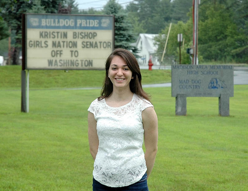 Kristin Bishop, a rising senior at Madison Memorial High School, stands outside the school on a recent afternoon. Bishop, 17, is one of two girls in Maine who will be traveling to Washington, D.C. this month for Girls Nation, a weeklong conference on national government.