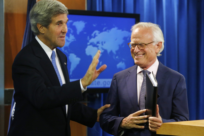 Secretary of State John Kerry stands with former U.S. Ambassador to Israel Martin Indyk at the State Department in Washington on Monday as he announces that he Indyk will shepherd the Israeli-Palestinian peace talks.