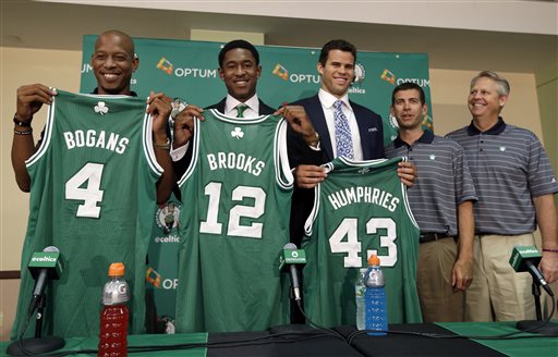 Newly acquired Boston Celtics players Keith Bogans, from left, MarShon Brooks and Kris Humphries hold up their jerseys as they pose with Celtics head coach Brad Stevens and president of basketball operations Danny Ainge, far right, in Waltham, Mass., Monday, July 15, 2013, after a news conference to introduce players they acquired from the Brooklyn Nets in exchange for Kevin Garnett and Paul Pierce. (AP Photo/Elise Amendola)
