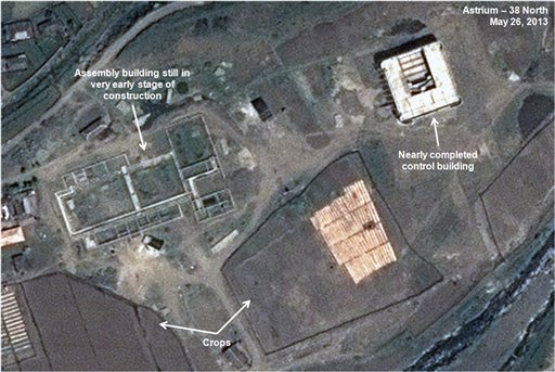 This May 26, 2013, satellite image taken by Astrium and annotated and distributed by 38 North shows an unfinished new missile assembly building, top left, and control center, top right, at the Tonghae facility in North Korea.