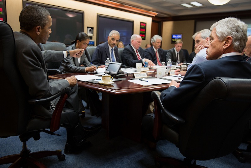 This handout photo provided by the White House, taken July 3, 2013, shows President Barack Obama meeting with members of his national security team to discuss the situation in Egypt in the Situation Room of the White House in Washington. The Obama administration is treading carefully after Egypt's military overthrew its president, wary of taking sides in a conflict that pits a democratically elected leader against a people's aspirations for prosperity and inclusive government. (AP Photo/White House Photo, Pete Souza)