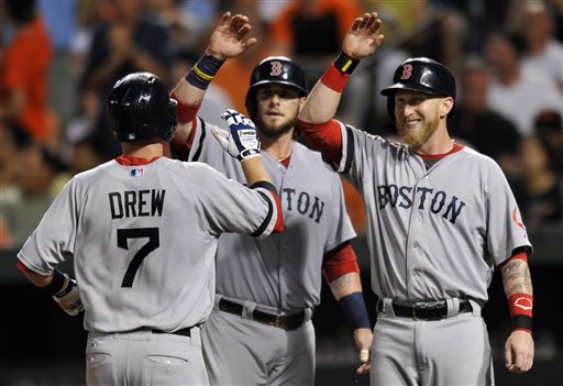 Boston Red Sox Stephen Drew, left, is congratulted by teammates Jarrod Saltalamacchia, center, and Mike Carp after hitting a three-run home run against the Baltimore Orioles in the fourth inning of a baseball game on Saturday in Baltimore.
