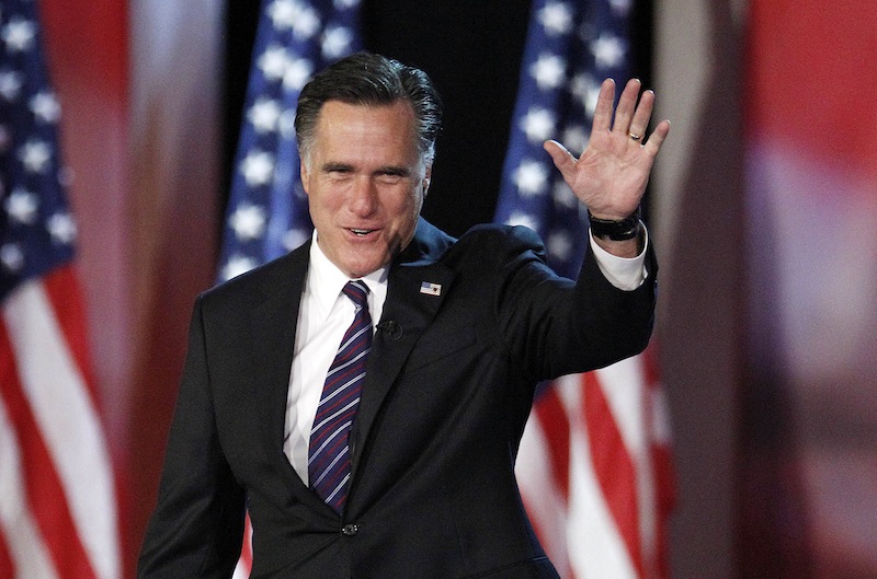 This Nov. 7, 2012, photo shows then-Republican presidential candidate and former Massachusetts Gov. Mitt Romney taking the stage to concede his quest for president, at the Boston Convention Center in Boston.