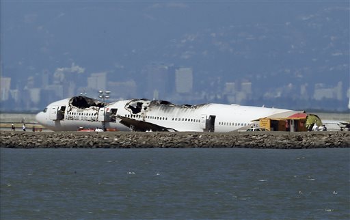 The wreckage of Asiana Airlines Flight 214 sits on the tarmac in San Francisco. Investigators said the Boeing 777 was traveling "significantly below" the target speed during its approach and that the crew tried to abort the landing just before it smashed onto the runway.