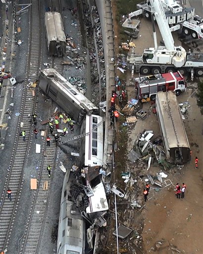 This aerial image taken from video shows the site of a train accident in Santiago de Compostela, Spain, on Thursday. The train jumped the tracks on a curvy stretch just before arriving in the northwestern city, a judicial official said.