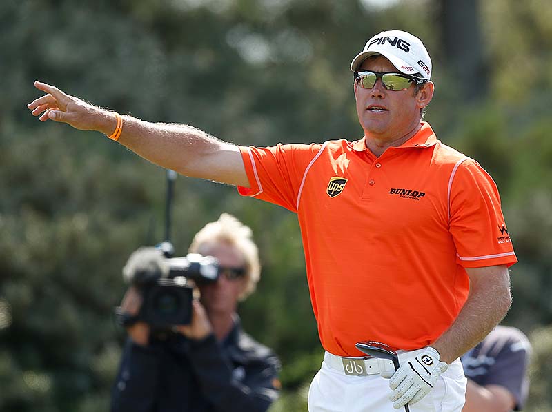 Lee Westwood gestures on the third tee box during the third round of the British Open at Muirfield, Scotland on Saturday. Westwood has a two-shot lead entering Sunday's final round.