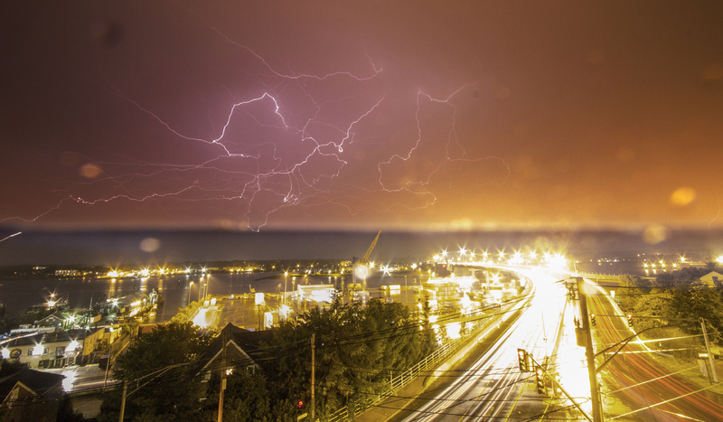 This image of lightning over Casco Bay Bridge was taken Wednesday night by Portland photographer John Kastelein. The photo was taken from a widow's watch on top of 21 State St. Kastelein's photography can be seen at the Hilltop Coffee Shop on Munjoy Hill through July and at his website, www.outworldimages.com.