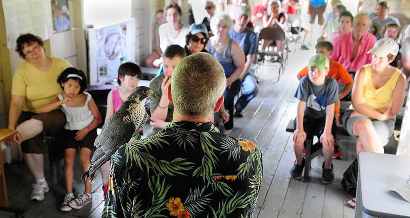 Falconer Larry Barnes talks about a Peale's peregrine falcon that he hunts ducks with in the winter, during a talk on Saturday in the boat house at theSteve Powell Wildlife Management Area, on Swan Island between Richmond and Dresden.