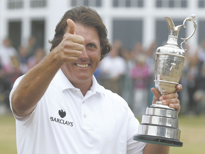 THUMBS UP: Phil Mickelson won his first British Open on Sunday and now is missing just one major from his career list of career acheivements. Mickelson has finished second six times but has never won the U.S Open.