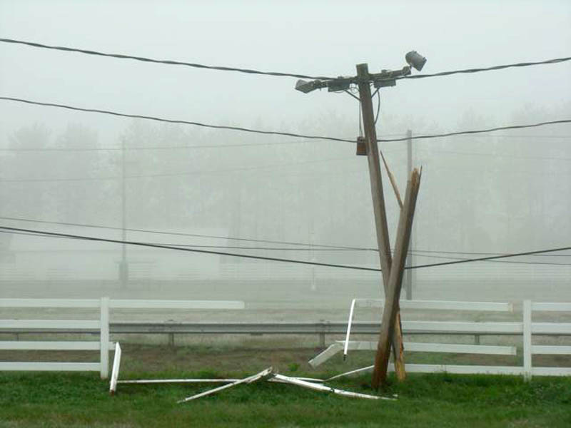 A utility pole and fence were damaged at the Skowhegan State Fairgrounds early Saturday morning.