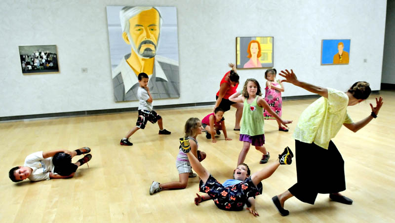 Dance instructor Jeni Frazee, right, leads an interpretive dance workshop for area kids taking part in the three-week summer camp titled "Lively Spaces," at the Colby College Museum of Art in Waterville.