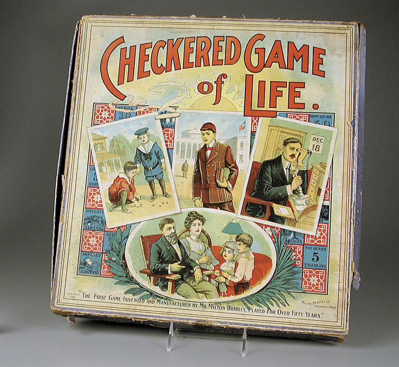 The box cover from about 1910 of the board game invented more than 50 years earlier by Milton Bradley in 1866. Bradley, who was born in central Maine, devised the game to illustrate the challenges of life. The game, now called The Game of Life, is still sold in stores by Hasbro Inc., which bought the Milton Bradley company in 1984.