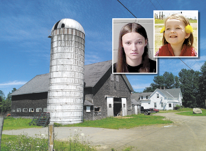 Police allege that Leanna Norris, of Auburn, inset left, drugged and smothered her 2-year-old daughter, Loh Grenda, inset right, in late June. She drove to her parents' farmhouse at 879 Mount Pleasant Road in Stetson, background, where authorities later arrived and found Grenda dead in Norris' car, according to a police affidavit.