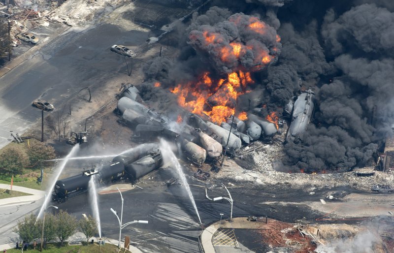 Smoke and flames rise from railway cars carrying crude oil after a train derailment in Lac-Megantic, Quebec, on Saturday. The accident led to several explosions and destroyed a huge swath of the town’s urban center. Quebec Provincial Police said Saturday night that there was at least one confirmed death.