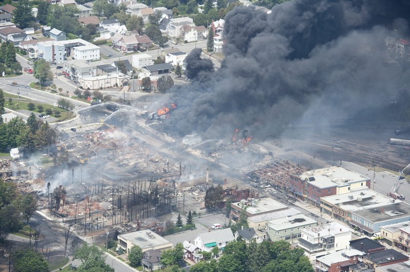 A large swath of Lac-Megantic in the Canadian province of Quebec was destroyed Saturday after a train carrying crude oil derailed, sparking several explosions and forcing the evacuation of up to 1,000 people.