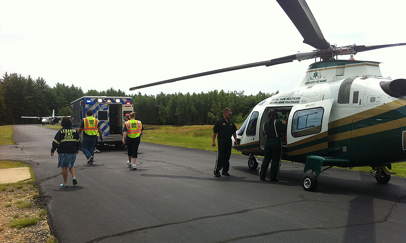 An East Lebanon woman who was thrown from her horse was taken to Skydive New England, which has a runway and landing area, to be transported by helicopter to Maine Medical Center in Portland.
