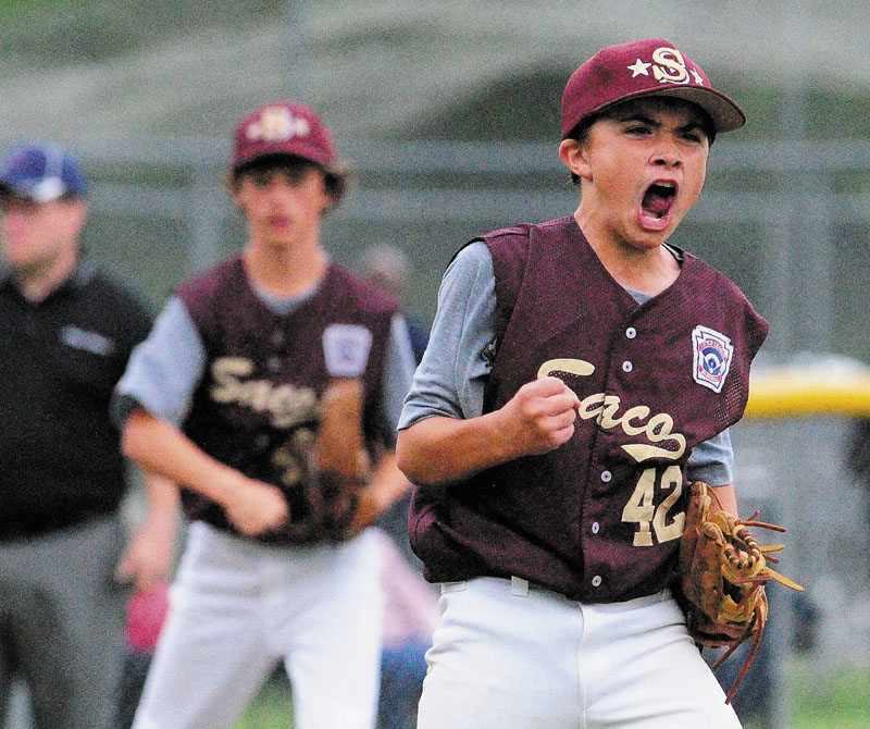 OH YEAH: Saco pitcher Luke Chessie celebrates after his team beat Bayside 14-1 to win the Maine State 11- and 12-year-old Little League championship Friday at Linscott Field in Augusta,