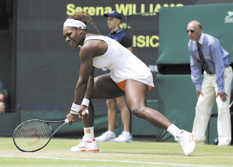 Stumbling on the Centre Court grass a couple of times while her game slumped in crunch time, the No. 1-ranked and No. 1-seeded Williams dropped the last four games to bow out 6-2, 1-6, 6-4 Monday against 23rd-seeded Sabine Lisicki of Germany.