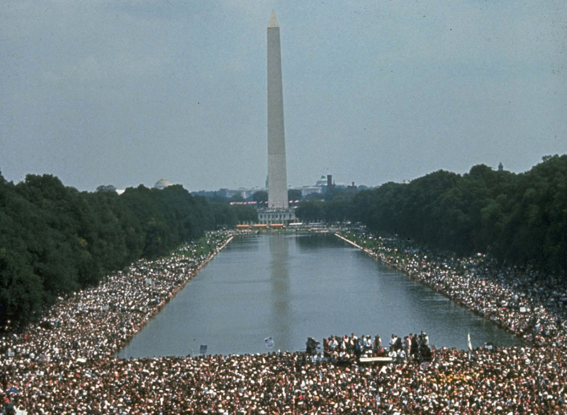 Civil rights marchers gather on the National Mall between the Washington Monument and the Lincoln Memorial on Aug. 28, 1963.