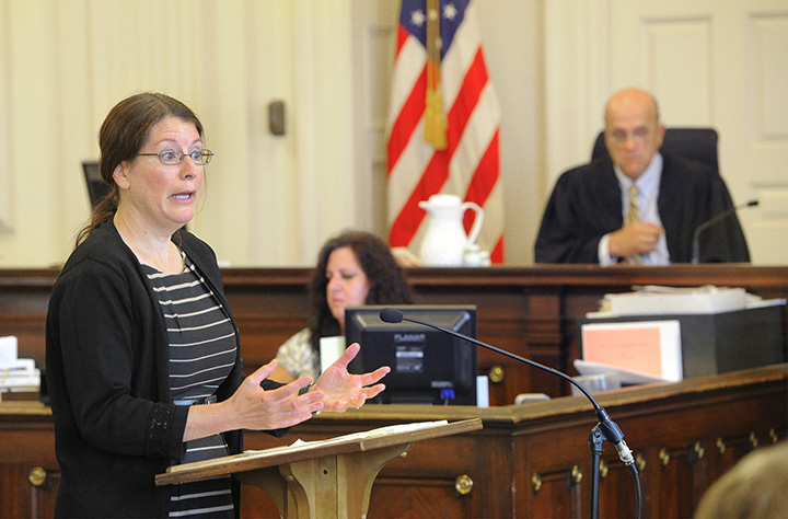 Deputy District Attorney Justina McGettigan presents her opening arguments during the jury trial of Donald Hill in York County Superior Court in Alfred. Judge Roland Cole presides.