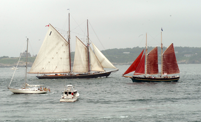 The Aurora, right, a two-masted schooner, sails past the Bluenose II, left, a reproduction of the original Nova Scotia Grand Banks fishing schooner, during a tall ships parade in 2004 just off the shore of Newport, R.I. The Bluenose, a tourist draw, is in dry dock.