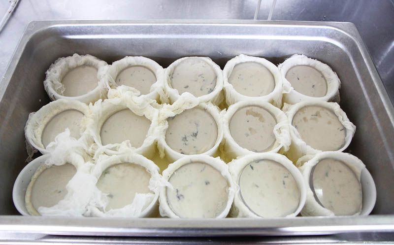 A tray of whole-milk ricotta cheese presses to allow excess moisture to drain out at Crooked Face Creamery in Skowhegan recently. This summer, the cheese won third place in the nation at the American Cheese Society Conference in Madison, Wis.