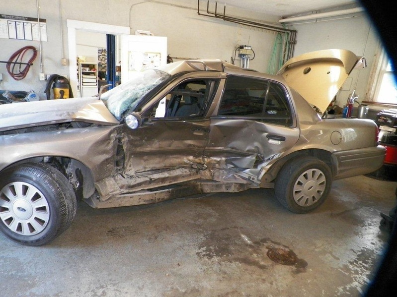This state police cruiser was destroyed when it was hit by a suspected drunken-driver on Interstate 95 in Old Town.