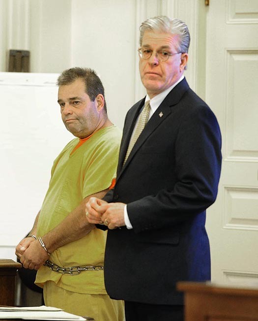 David Labonte stands with his attorney William Trafidlo during his initial appearance in the York County Superior Court in Alfred on Monday, August 12, 2013. Labonte struck a family of three with his truck in Biddeford earlier this month resulting in the death of the father. He is charged of manslaughter and drunken driving.