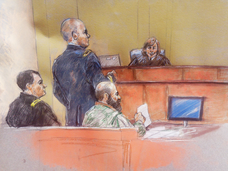 In this courtroom sketch, Maj. Nidal Hasan, right, sits with his standby defense attorneys Maj. Joseph Marcee, left, and Lt. Col. Kris Poppe, standing, as presiding judge Col. Tara Osborn looks on, during Hasan's trial Thursday in Fort Hood, Texas.