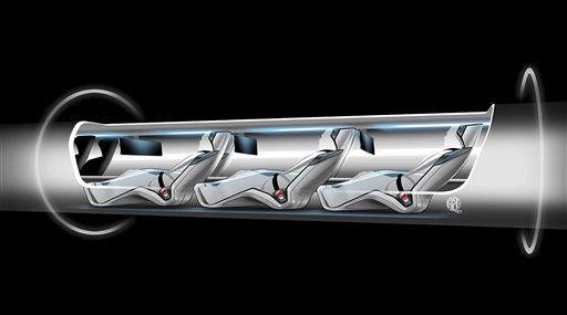 This image released by Tesla Motors shows a sketch of the Hyperloop capsule with passengers onboard. Billionaire entrepreneur Elon Musk has asked the public to perfect his rough plans.