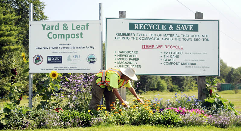 Trudie Lee picks deadhead flowers Thursday beneath a sign at the Monmouth Transfer Station. The part-time employee of the disposal and recycling site has cultivated garden beds around signs at the entrance and in beds at the station, according to Herb Whittier, who oversees the facility. "It's the best-looking transfer station in the state," he boasted.