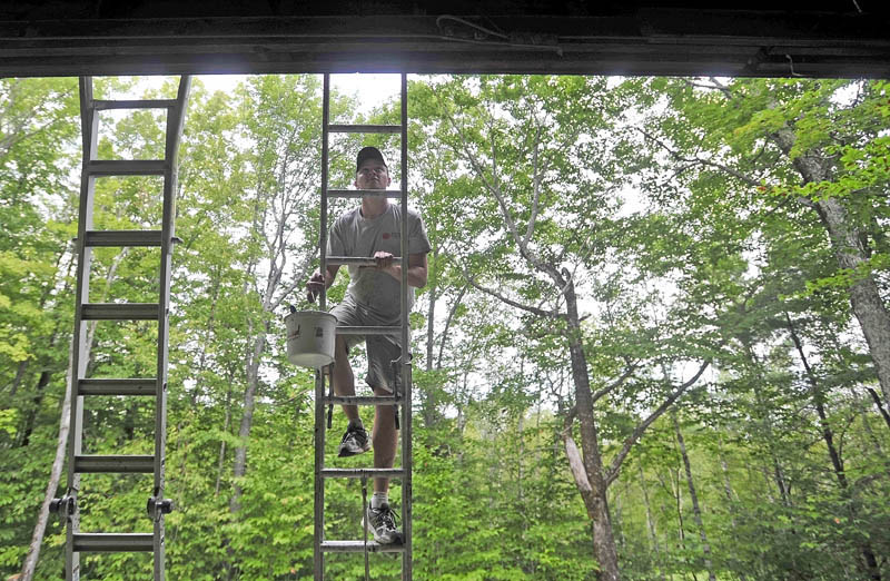 Mat Gross, of North New Portland, an employee with Backyard Farms, climbs the ladder to apply a fresh coat of paint on the Margaret Chase Smith Hall at Lake George Regional Park on the Canaan and Skowhegan town line today. The crew from Backyard Farms has been volunteering time at Lake George Regional Park helping with maintenance and general upkeep of the facility.