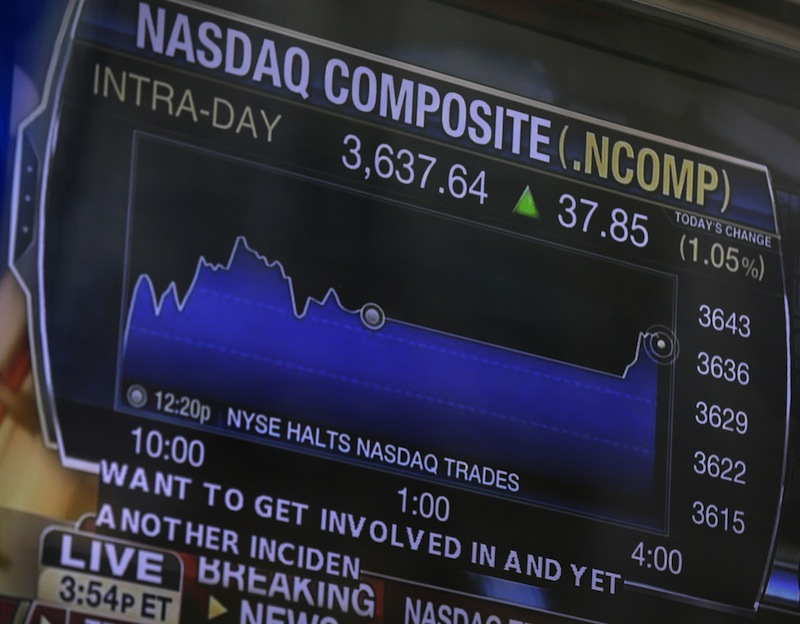 A television displays news about the Nasdaq on the Nasdaq building in New York on Thursday. Nasdaq halted trading Thursday because of a technical problem, the latest glitch to affect the stock market.