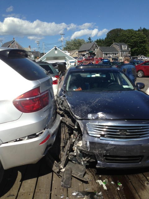 Cheryl Torgerson’s 2007 blue Infiniti is shown on Aug. 11 in Port Clyde after the collision that killed a 9-year-old boy.