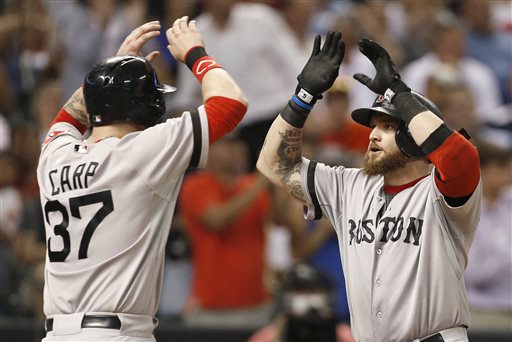 Boston Red Sox's Jonny Gomes, right, is greeted at home plate by teammate Mike Carp (37) after hitting a two-run home run against the Houston Astros in the seventh inning of a baseball game on Wednesday, Aug. 7, 2013, in Houston. (AP Photo/Pat Sullivan) Minute Maid Park