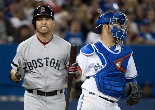 Boston Red Sox's Jacoby Ellsbury reacts after striking next to Toronto Blue Jays catcher J.P. Arencibia during the eighth inning of a baseball game in Toronto on Thursday, Aug. 15, 2013. (AP Photo/The Canadian Press, Nathan Denette) Blue Jays;athlete;athletes;athletic;athletics;Canada;Canadian;Center;Centre;competative;compete;competing;competition;competitions;event;game;Jays;League;Major;MLB;pro;professional;Rogers;sport;sporting;sports;Toronto;baseball;American;AL;2013
