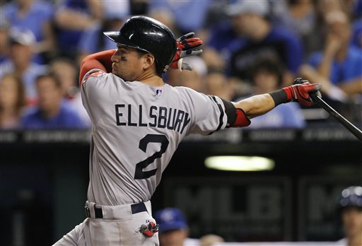 Boston Red Sox's Jacoby Ellsbury hits against the Kansas City Royals in the seventh inning of a baseball game at Kauffman Stadium in Kansas City, Mo., Saturday, Aug. 10, 2013. (AP Photo/Colin E. Braley)