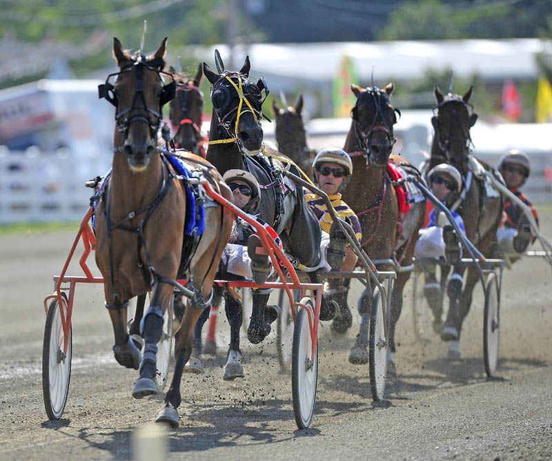 WIRE-TO-WIRE: W. Drue Campbell drives Real Special in the front of the pack in the Walter H. Hight Memorial Pace on Saturday at the Skowhegan Fairgrounds. Real Special won with a time of 1 minute, 54.1 seconds.