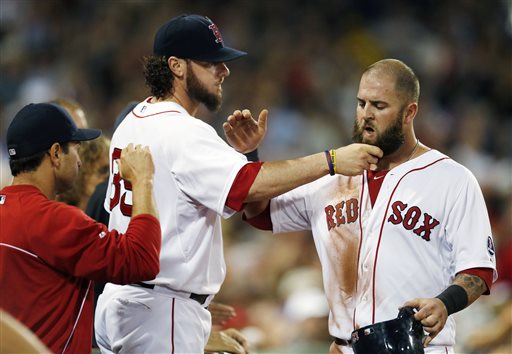 Boston Red Sox catcher Jarrod Saltalamacchia pulls Mike Napoli's beard after Napoli scored on a double by Jonny Gomes in the third inning against the Chicago White Sox Saturday at Fenway Park in Boston. The Red Sox won 7-2.