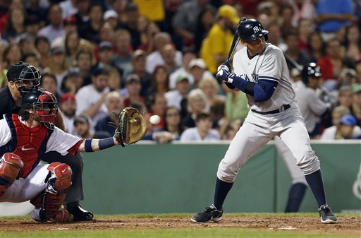 New York Yankees' Alex Rodriguez, right, watches a pitch as Boston Red Sox's Jarrod Saltalamacchia catches in the second inning of a baseball game in Boston, Sunday, Aug. 18, 2013. (AP Photo/Michael Dwyer)