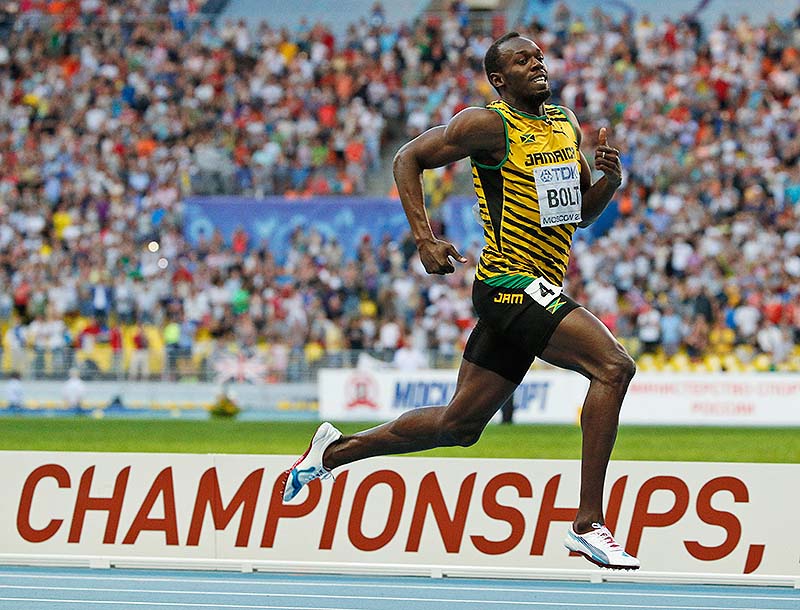 Jamaica's Usain Bolt wins the men's 200-meter final at the world championships in the Luzhniki stadium in Moscow on Saturday.
