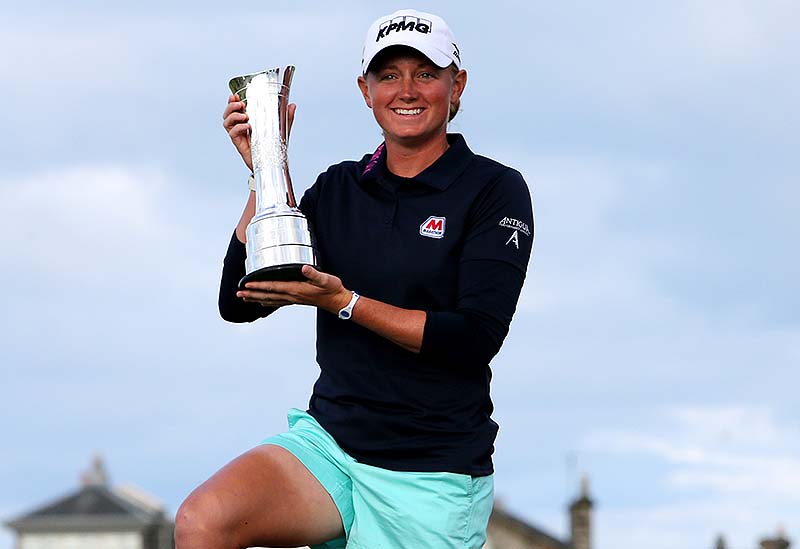 Stacy Lewis of the US poses with the trophy after winning the Women's British Open golf championship on the Old Course at St. Andrews, Scotland, on Sunday.