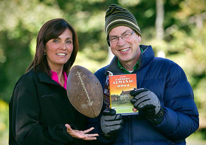 Farmers' Almanac managing editor Sandy Duncan, left, and editor Peter Geiger, pose in Lewiston. The 197-year-old almanac is predicting a colder-than-normal winter for most of the United States, with a winter storm hitting around the time of the Super Bowl on Feb. 2.