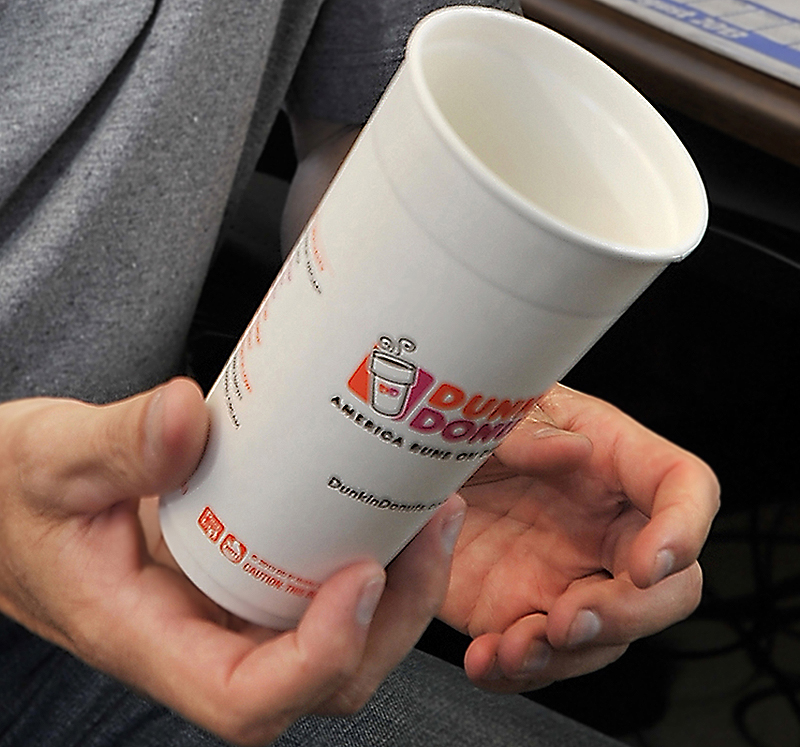 New paper cups being used at Dunkin’ Donuts in Freeport and Brookline, Mass., have two paper walls with an air chamber between them.
