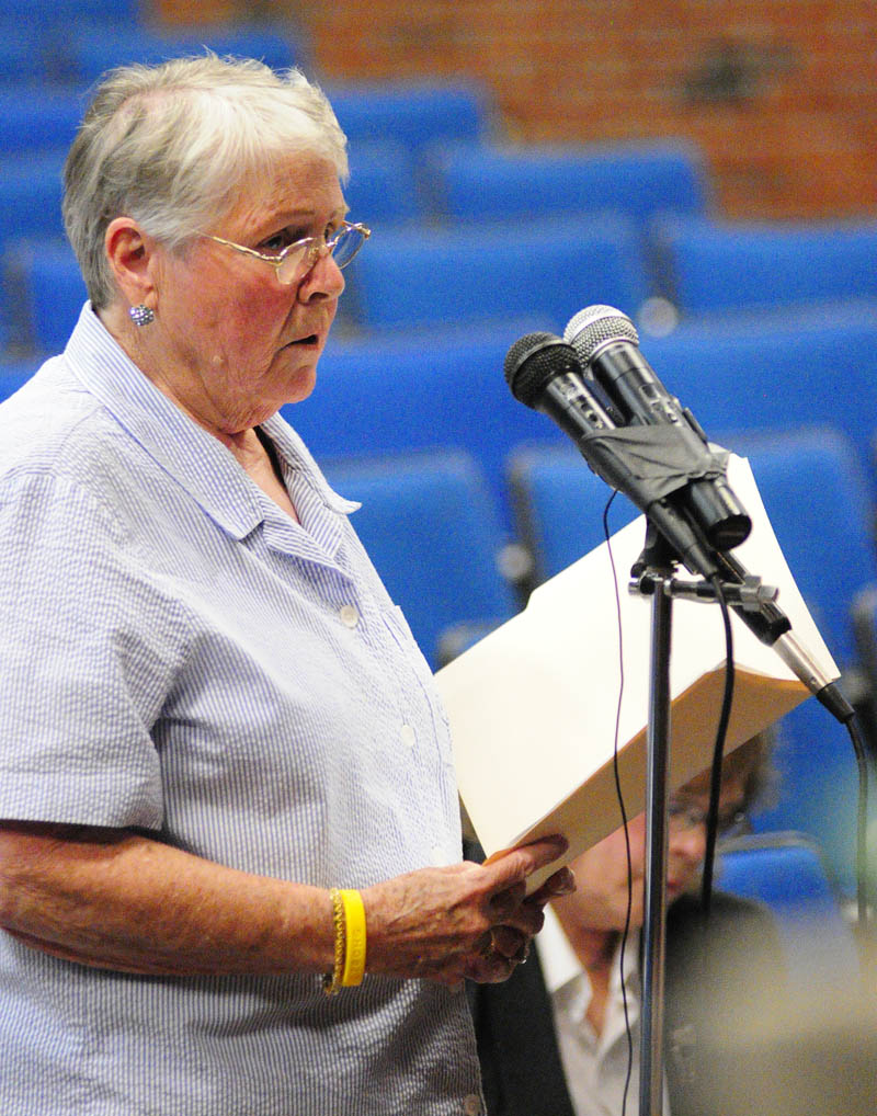Marguerite Lachance, 79 of Springvale, testifies about smart meters during a Public Utilities Commission hearing on Wednesday at Jewett Hall on the campus of University of Maine at Augusta.